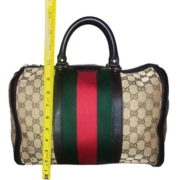 GUCCI GG Beige and Brown Boston Duffel Bag with Red and Green Sherryline Stripes - Picture 8 of 17